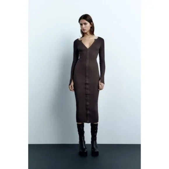 ZARA BROWN FITTED HOOK CLOSURE KNIT DRESS Size small - Picture 1 of 13